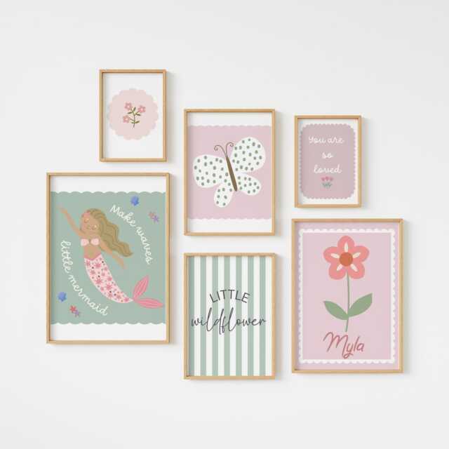 Personalized Mermaid & Floral Girls Room Prints Gallery Wall Art Set - image 1