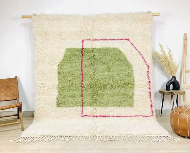 Moroccan Ivory & Green Berber Rug, Handwoven Wool Shag Boho Nursery Authentic Beni Ourain Carpet, Large 9x12 Area Rug - image 1
