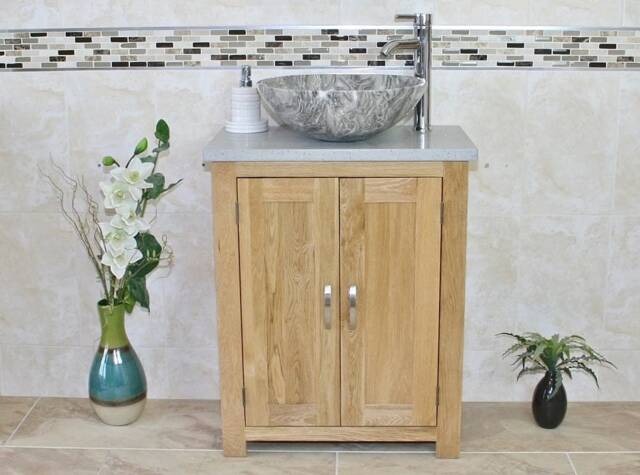 Solid Oak Bathroom Vanity Unit - Grey Quartz Top Marble Basin Choice 310Gqsbc - image 1