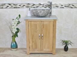 Solid Oak Bathroom Vanity Unit - Grey Quartz Top Marble Basin Choice 310Gqsbc - thumbnail 1