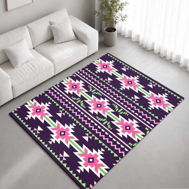 Purple Pink Green Geometric Tribal Stripe Rug Non-Slip Soft Area Carpet Bedroom Living Room Hallway Mat Decor - Made in UK - image 1