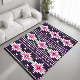 Purple Pink Green Geometric Tribal Stripe Rug Non-Slip Soft Area Carpet Bedroom Living Room Hallway Mat Decor - Made in UK - thumbnail 1