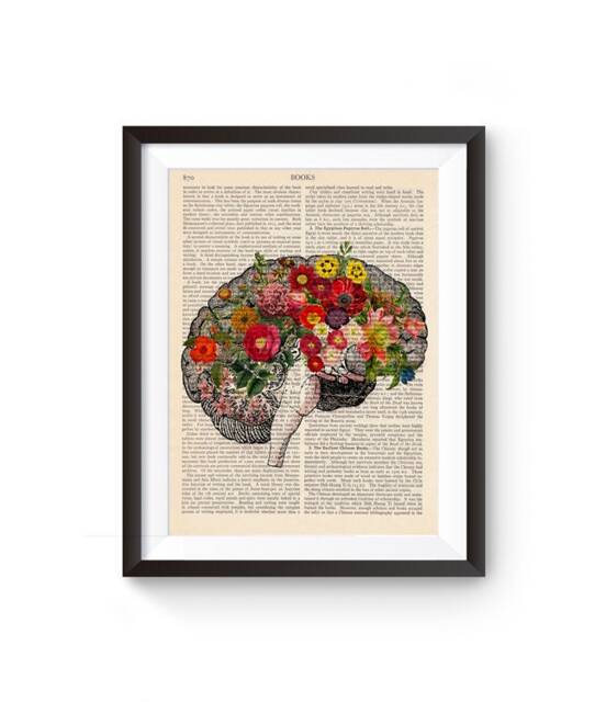 Brain Print With Flowers, Anatomy Print, Medical Poster, Vintage Illustration Print 023 - image 1