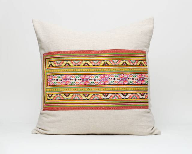 Hmong Embroidered Pillow Colorful Hill Tribe Textile, Hemp Back - 20x20 - image 1