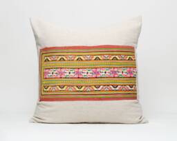 Hmong Embroidered Pillow Colorful Hill Tribe Textile, Hemp Back - 20x20 - thumbnail 1