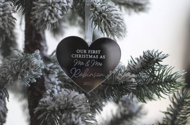 Luxury Mirror Acrylic Couples First Christmas As Mr Mrs Married Heart Ornament Bauble Decoration - image 1