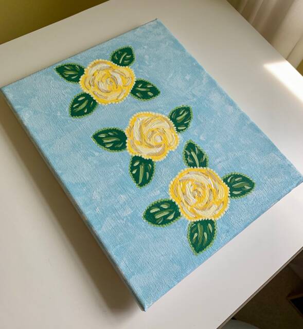 Yellow Flowers Painting, Blue & Canvas Wall Art - image 1