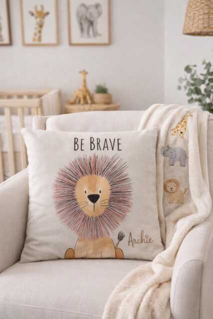 Personalized Lion Safari Nursery Cushion - Cream Linen Baby Pillow -Embroidered Name - image 1