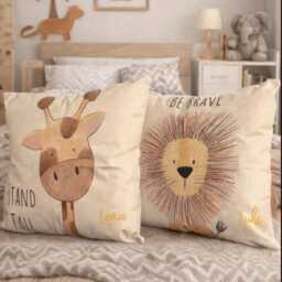Personalized Lion Safari Nursery Cushion - Cream Linen Baby Pillow -Embroidered Name - thumbnail 3