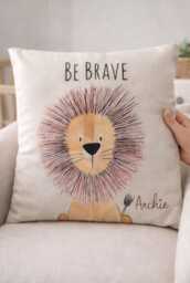 Personalized Lion Safari Nursery Cushion - Cream Linen Baby Pillow -Embroidered Name - thumbnail 2