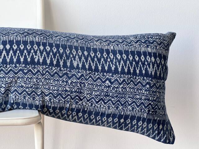 Hmong Lumbar Pillow Cover Indigo Batik, Embroidered Hemp - 14x48 - image 1