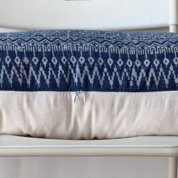 Hmong Lumbar Pillow Cover Indigo Batik, Embroidered Hemp - 14x48 - thumbnail 4