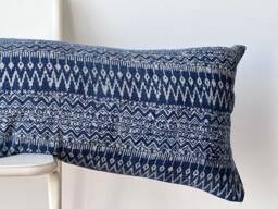 Hmong Lumbar Pillow Cover Indigo Batik, Embroidered Hemp - 14x48 - thumbnail 1
