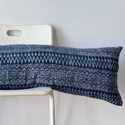 Hmong Lumbar Pillow Cover Indigo Batik, Embroidered Hemp - 14x48 - thumbnail 2