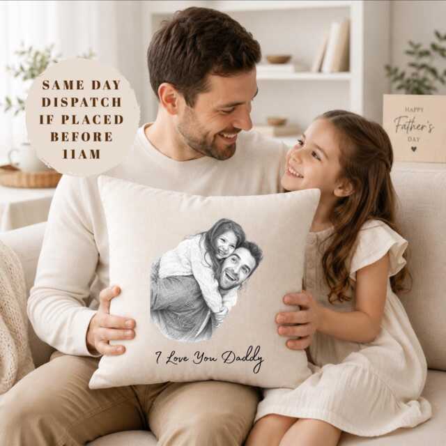 Custom Photo Sketch Cushion & Blanket, Personalised Fathers Day Gift For Dad, Hand Drawn Portrait Pillow Throw, Photo From Kids Daughter - image 1