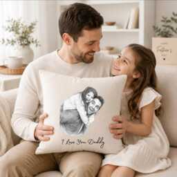 Custom Photo Sketch Cushion & Blanket, Personalised Fathers Day Gift For Dad, Hand Drawn Portrait Pillow Throw, Photo From Kids Daughter - thumbnail 2