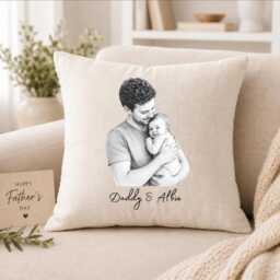 Custom Photo Sketch Cushion & Blanket, Personalised Fathers Day Gift For Dad, Hand Drawn Portrait Pillow Throw, Photo From Kids Daughter - thumbnail 4