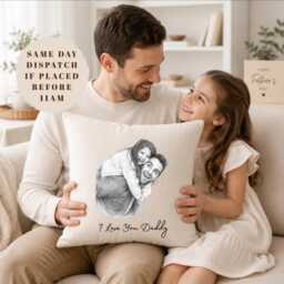 Custom Photo Sketch Cushion & Blanket, Personalised Fathers Day Gift For Dad, Hand Drawn Portrait Pillow Throw, Photo From Kids Daughter - thumbnail 1