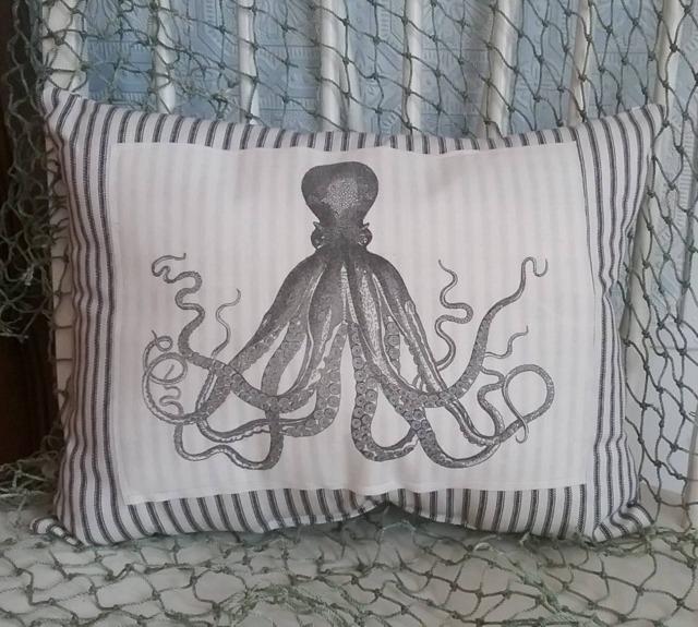 Black & Cream Octopus Pillow, Coastal Beach Cottage Decor, Housewarming Gift