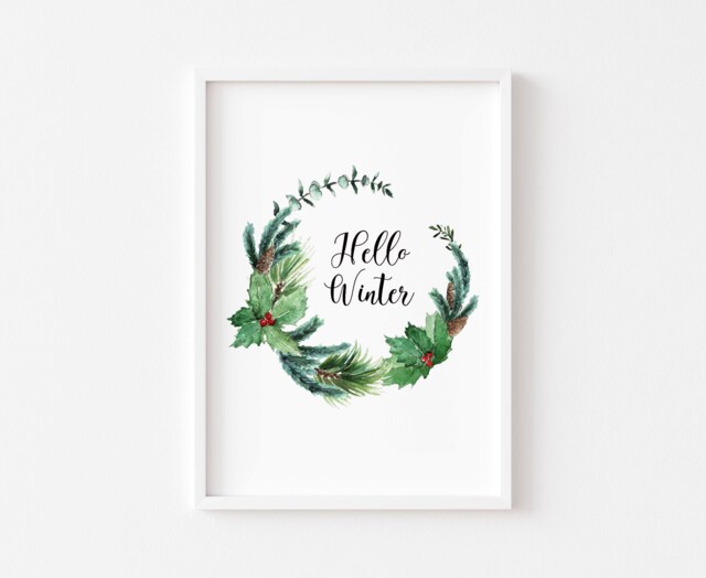 Hello Winter - Christmas Prints Wall Art Decor Print Wreath Print, Gift Seasonal
