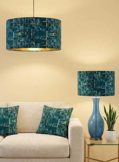 Handmade By Order Luxury Jade Teal Blue & Gold Cube Abstract Pattern Drum Velvet Lamp Shade Pendant Light All Shapes Sizes - image 1