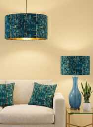 Handmade By Order Luxury Jade Teal Blue & Gold Cube Abstract Pattern Drum Velvet Lamp Shade Pendant Light All Shapes Sizes
