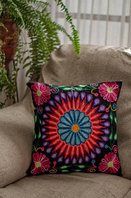 Hand Embroidered Peruvian Cushion Cover - Colorful Floral Pillow - image 1