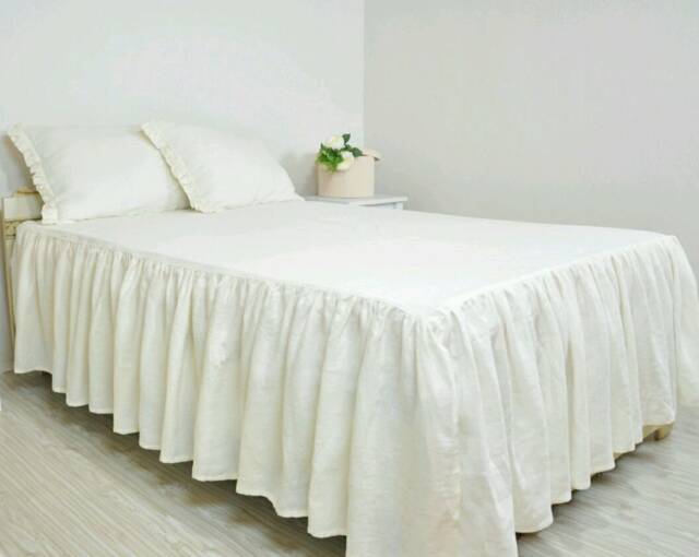 Ruffled Linen Bed Spread, Shabby Chic Bedding, Bed Cover - image 1