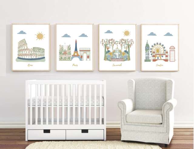 Set Of 4 Travel Theme Nursery Prints, Neutral Colors, Customizable Posters - image 1