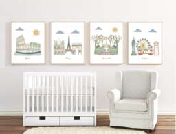 Set Of 4 Travel Theme Nursery Prints, Neutral Colors, Customizable Posters - thumbnail 1