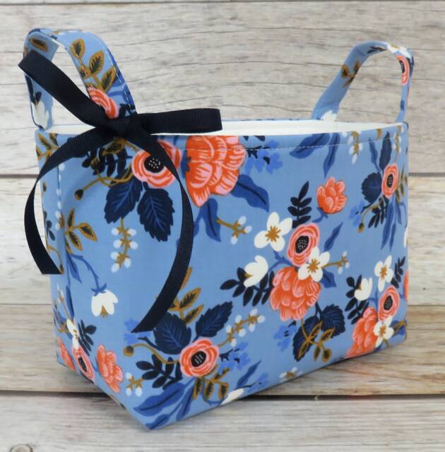 Storage Organization - Cotton + Steel Rifle Paper Co. Les Fleurs Birch Floral in Periwinkle Fabric Organizer Bin Container Basket - image 1