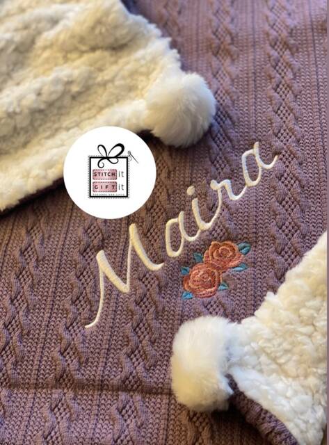 Personalised Baby Cable Knit Blanket Wrap -Floral Roses , Name Embroidered Pom Pom/Sherpa Reverse - image 1