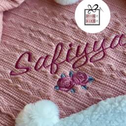 Personalised Baby Cable Knit Blanket Wrap -Floral Roses , Name Embroidered Pom Pom/Sherpa Reverse - thumbnail 2