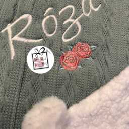 Personalised Baby Cable Knit Blanket Wrap -Floral Roses , Name Embroidered Pom Pom/Sherpa Reverse - thumbnail 3