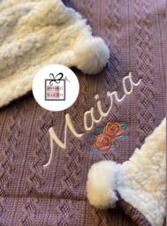 Personalised Baby Cable Knit Blanket Wrap -Floral Roses , Name Embroidered Pom Pom/Sherpa Reverse - thumbnail 1