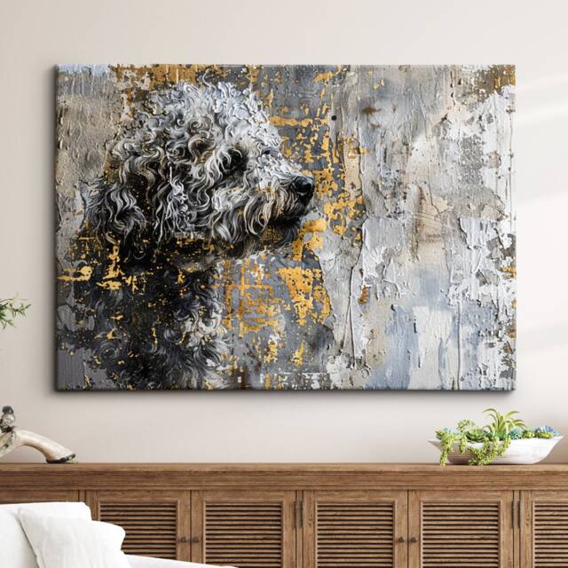 Gold & Grey Cockapoo Dog Pet Abstract Modern Oil Painting Wall Art, Framed Canvas Poster Print, Home Kitchen Office Room Decor, Gifts - image 1