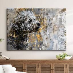 Gold & Grey Cockapoo Dog Pet Abstract Modern Oil Painting Wall Art, Framed Canvas Poster Print, Home Kitchen Office Room Decor, Gifts - thumbnail 1