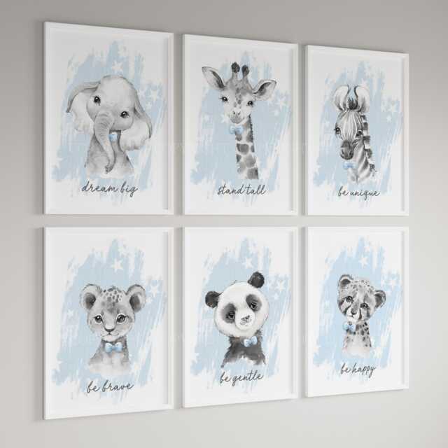 Choose Your Own Safari Animal Elephant Giraffe Zebra Lion Boy A4 Or A3 Nursery Set Of Unframed Prints Blue With White Stars & Bow Ties - image 1