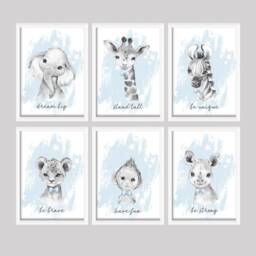 Choose Your Own Safari Animal Elephant Giraffe Zebra Lion Boy A4 Or A3 Nursery Set Of Unframed Prints Blue With White Stars & Bow Ties - thumbnail 2