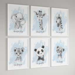 Choose Your Own Safari Animal Elephant Giraffe Zebra Lion Boy A4 Or A3 Nursery Set Of Unframed Prints Blue With White Stars & Bow Ties - thumbnail 1