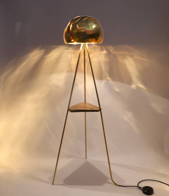 Iris Pod - Modern Tripod Floor Lamp Best Seller- Adjustable Brass Shade Optional Walnut Shelf - image 1