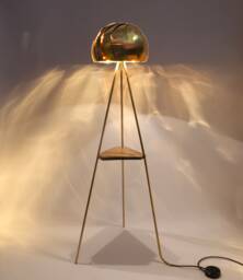 Iris Pod - Modern Tripod Floor Lamp Best Seller- Adjustable Brass Shade Optional Walnut Shelf - thumbnail 1