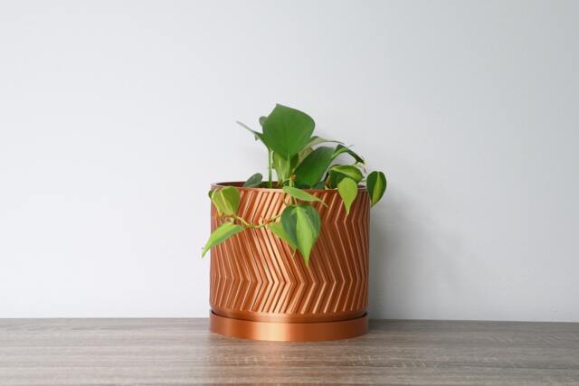 "Gatsby Planter With Drainage & Saucer in Copper, Art Deco 3D-Printed Plant Pot, Small To Large Sizes 4"" 5"" 6"" 7"" 8" - image 1