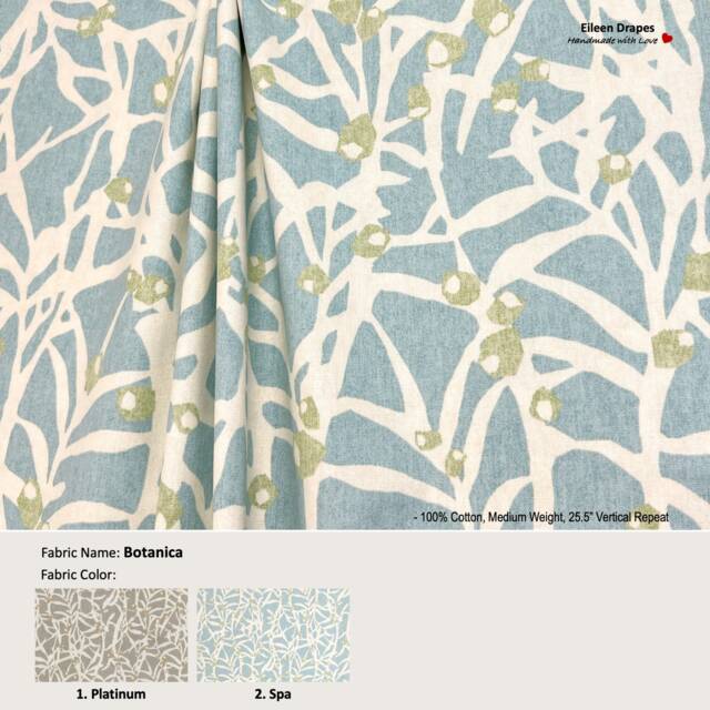 Botanica Color Spa Floral Foliage Origami Branch Gray Blue Cotton Curtain Pleated, Lined Drapery Panel Offered As Upgrades - image 1