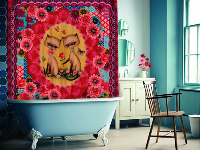 Sweet Love Shower Curtain Siamese Cats Kitsch Shower Art By Fiona Hewitt 180cm X180cm - image 1