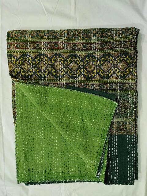 Handmade Ajrak Kantha Quilt Indian Cotton Bedspread - Twin/Single - image 1