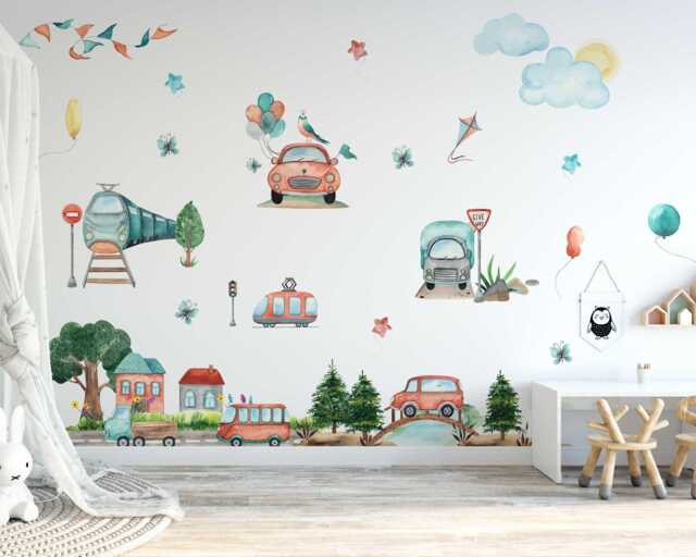 Transport Wall Decal For Nursery Decor - Cute Cars, Trains, Bus Stickers Kids Room & Art Baby - image 1