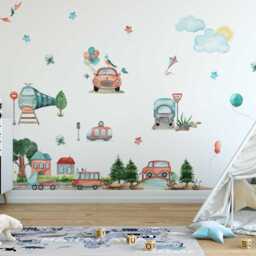 Transport Wall Decal For Nursery Decor - Cute Cars, Trains, Bus Stickers Kids Room & Art Baby - thumbnail 3