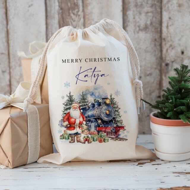 Personalised Large Santa Christmas Sack For Girls, Xmas Toy Sack With Name & Christmas Express Scene, Stocking, Christmas Gift - image 1