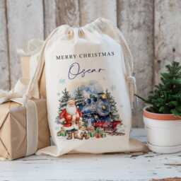 Personalised Large Santa Christmas Sack For Girls, Xmas Toy Sack With Name & Christmas Express Scene, Stocking, Christmas Gift - thumbnail 3